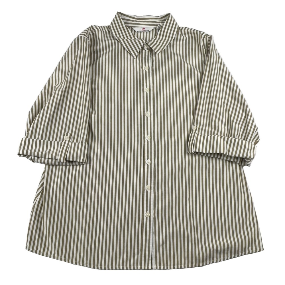 Morgan Crossing Striped Button-Up Shirt Tan White 3/4 Sleeve Collared Size 18